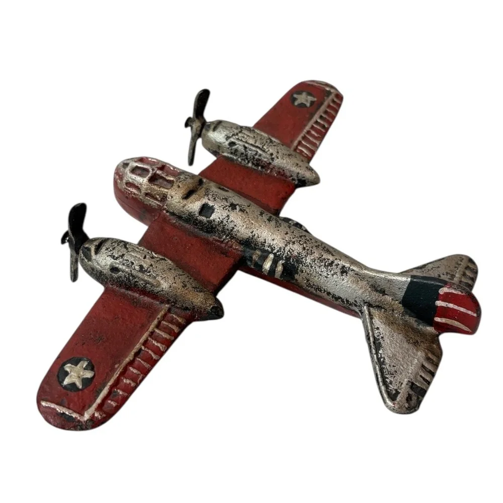 Vintage Cast Iron WWII Toy Airplane Bomber B22 Red Silver Twin Propellers Driven